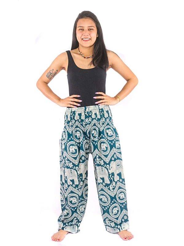 Bohotusk Green Elephant Bull Print Womens Harem Pants Cord Tie Waist S